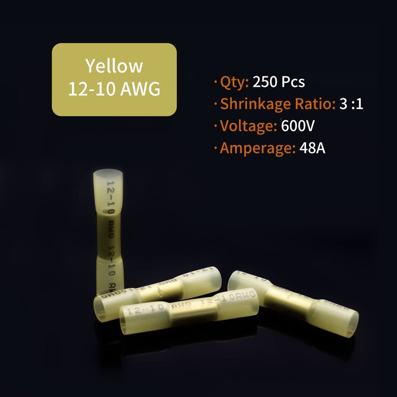 ZIPCCI 12-10 AWG Heat Shrink Butt Connectors, 250Pcs Yellow Waterproof Crimp Electrical Wire Connectors Splice Marine Automotive Cable Wiring Terminals - Image 2